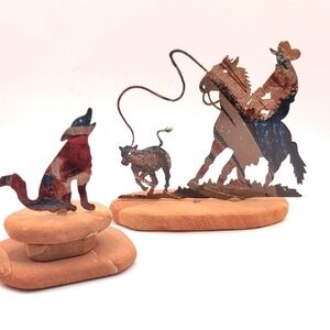 Laser Cut Rodeo Cowboy & Coyote Metal Southwestern Art Sculptures on Sandstone